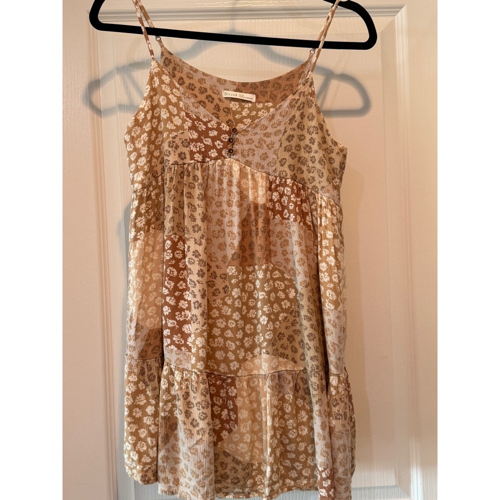 Bécool Patchwork Floral Babydoll Mini Dress Tiered Boho Tan Brown Medium